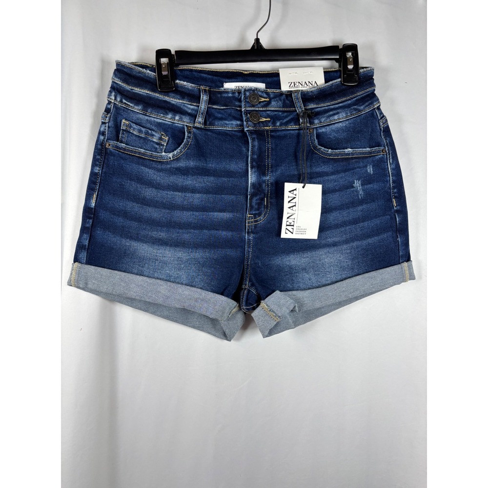 Zenana Women Dark Wash High Rise Cuffed Denim Shorts Double Button L NWT